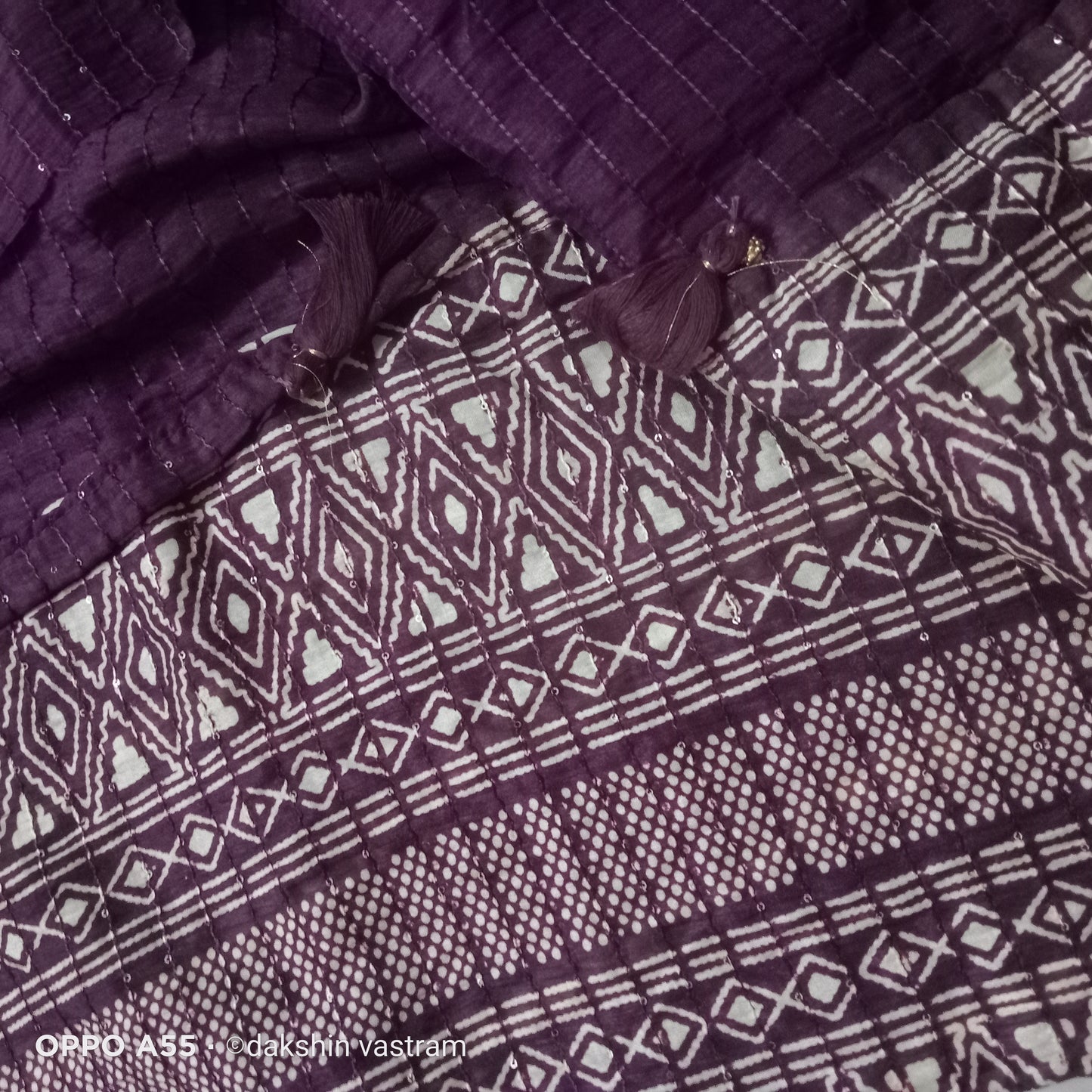 Saree Full View: Full view of Sequins Silk Saree, demonstrating its luxurious organic silk and shimmering sequins design.