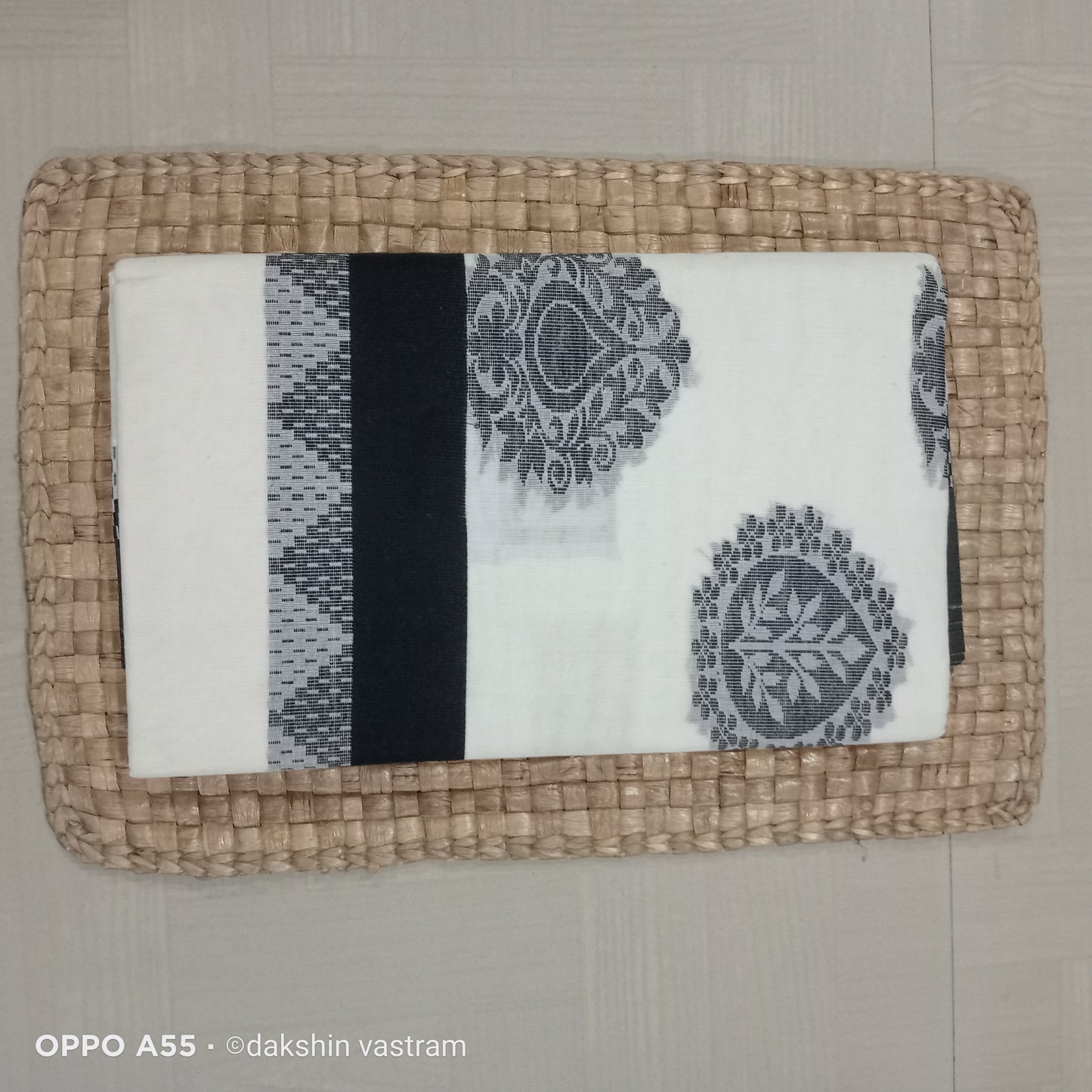 Front side view of Kasavu Saree with soft organic cotton fabric and elegant drape