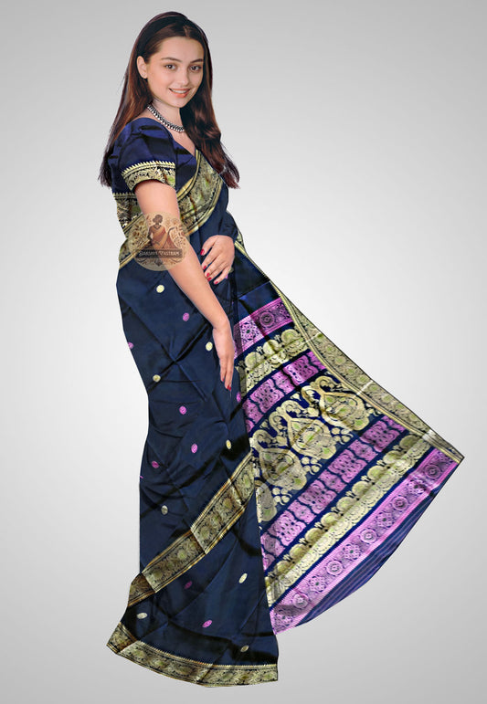 Saree Side View: Side profile of Baluchari saree highlighting the smooth drape and lustrous silk.