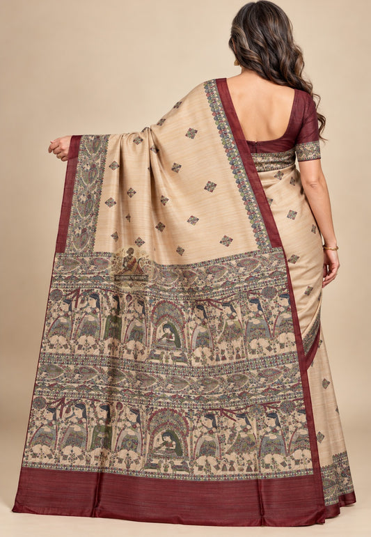 Side view of beige Ghicha Tussar silk saree showing the pleated drape and contrasting maroon edge