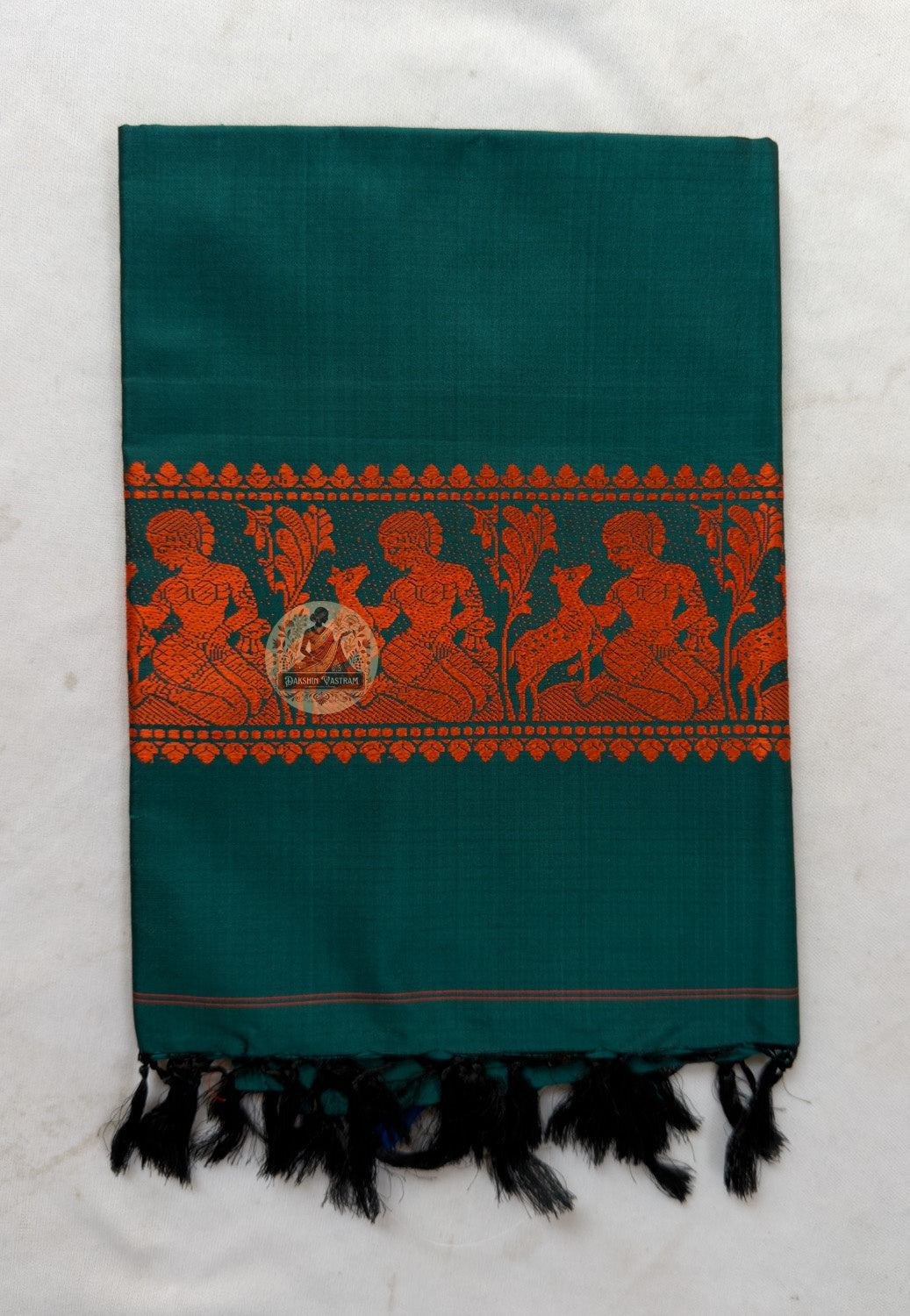 Full view of Bishnupur Baluchari handloom pure silk artisan stole with narrative motifs, supporting living weaver community for Diwali Raksha Bandhan and weddings