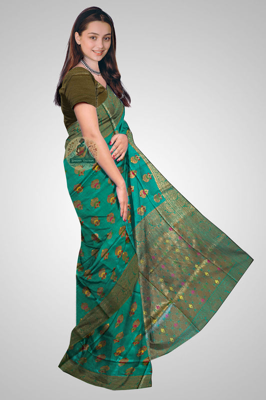 Buy Assam Silk Saree – Side angle showing Muga fabric glow