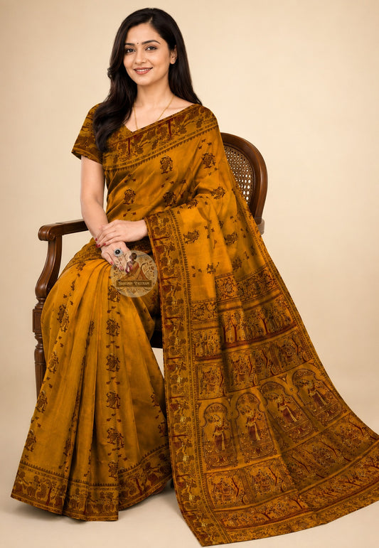 Side view of Baluchari Pure Silk Saree showing the graceful fluid fall and natural sheen of handwoven pure silk with traditional Baluchari buti motifs repeating across the body like a sacred mantra