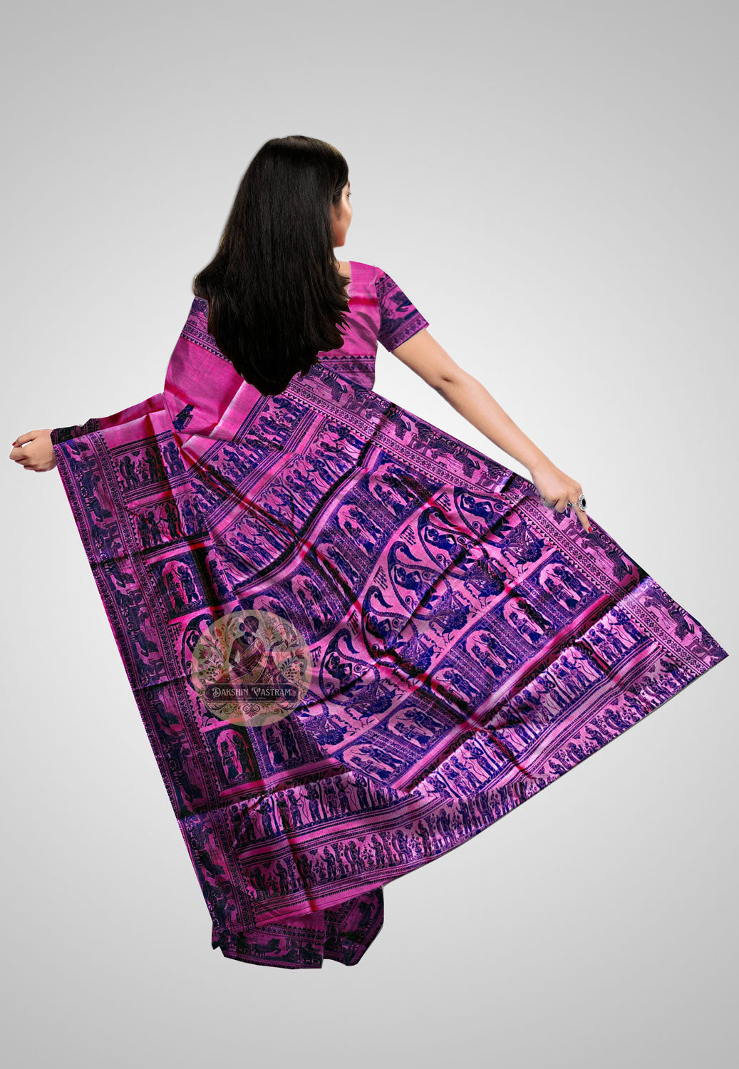 Rear view of Handloom Baluchari Saree highlighting the soft, lustrous texture