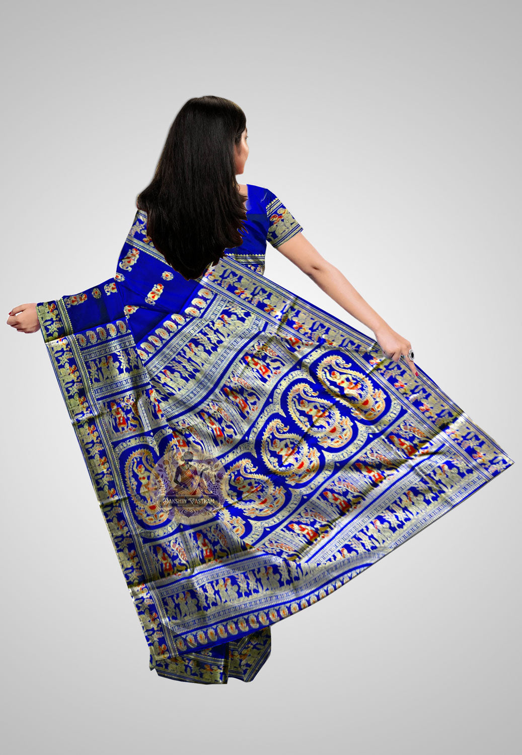 Rear view of Handloom Baluchari Saree highlighting the smooth texture and lustrous finish