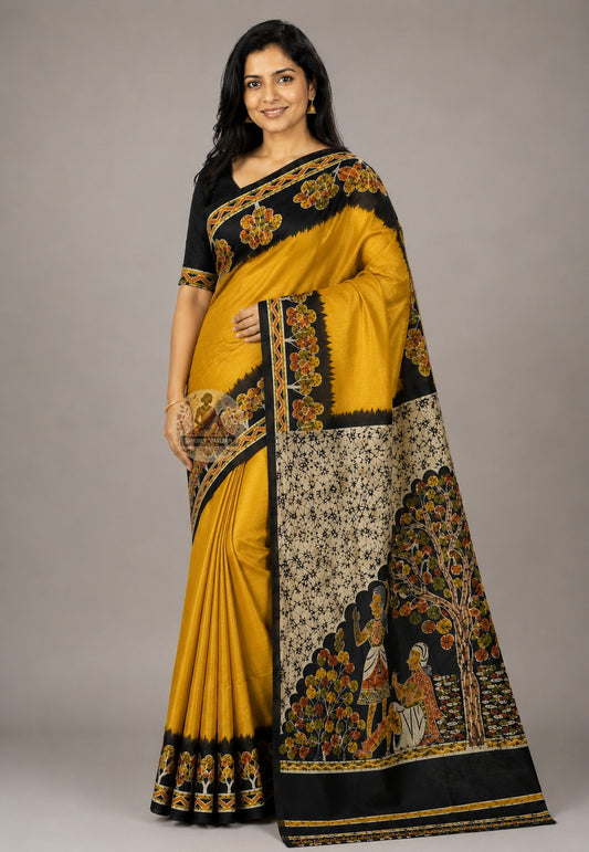Side view of Bishnupur pure Katan silk saree showing confident drape and silk body, handloom Bengal heritage weave