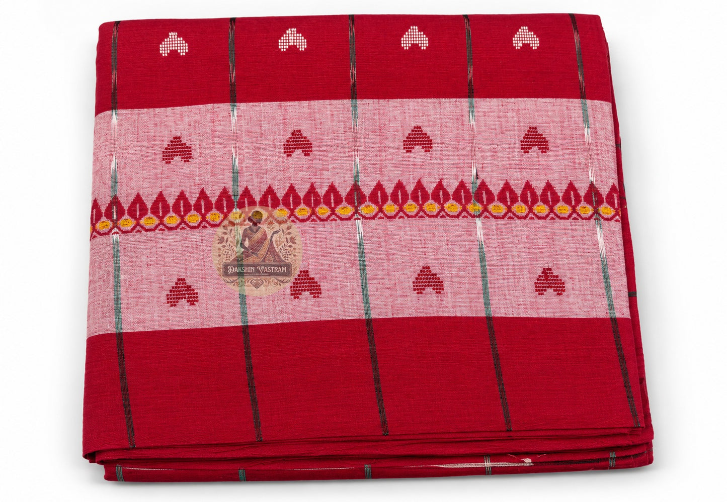 Close-up of pallu end panel on handloom cotton saree from West Bengal highlighting weave craftsmanship