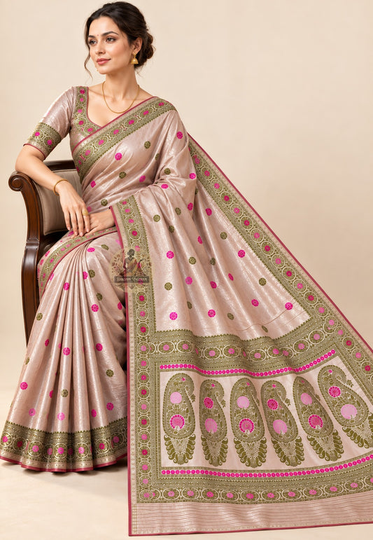 Side view of taupe Baluchari silk saree showing the drape and patterned circular border