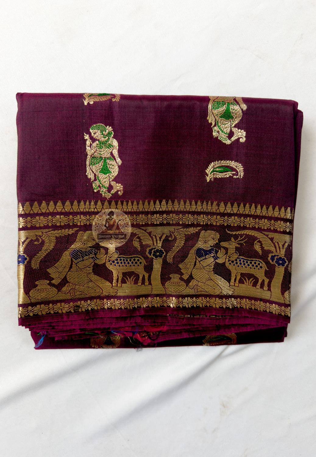 Full saree view of Swarnachari pure silk golden zari identity handloom saree with matching blouse piece for Indian weddings Durga Puja Diwali Navratri Karva Chauth and gifting