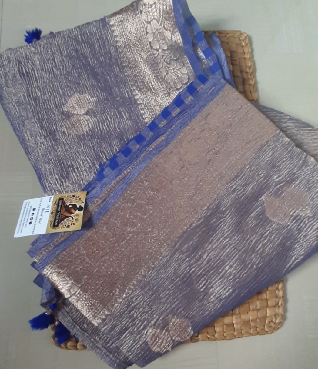 Front side view of Tissue Banarasi Saree with intricate Banarasi weave and luxurious organic silk