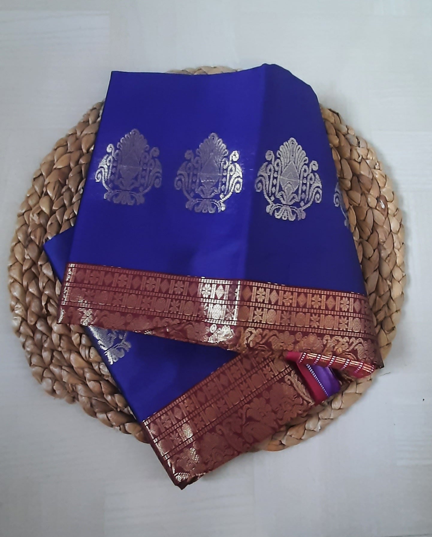 Saree view: Full view of Soft Semi Silk Saree emphasizing fluidity, graceful drape, and luxurious shine.