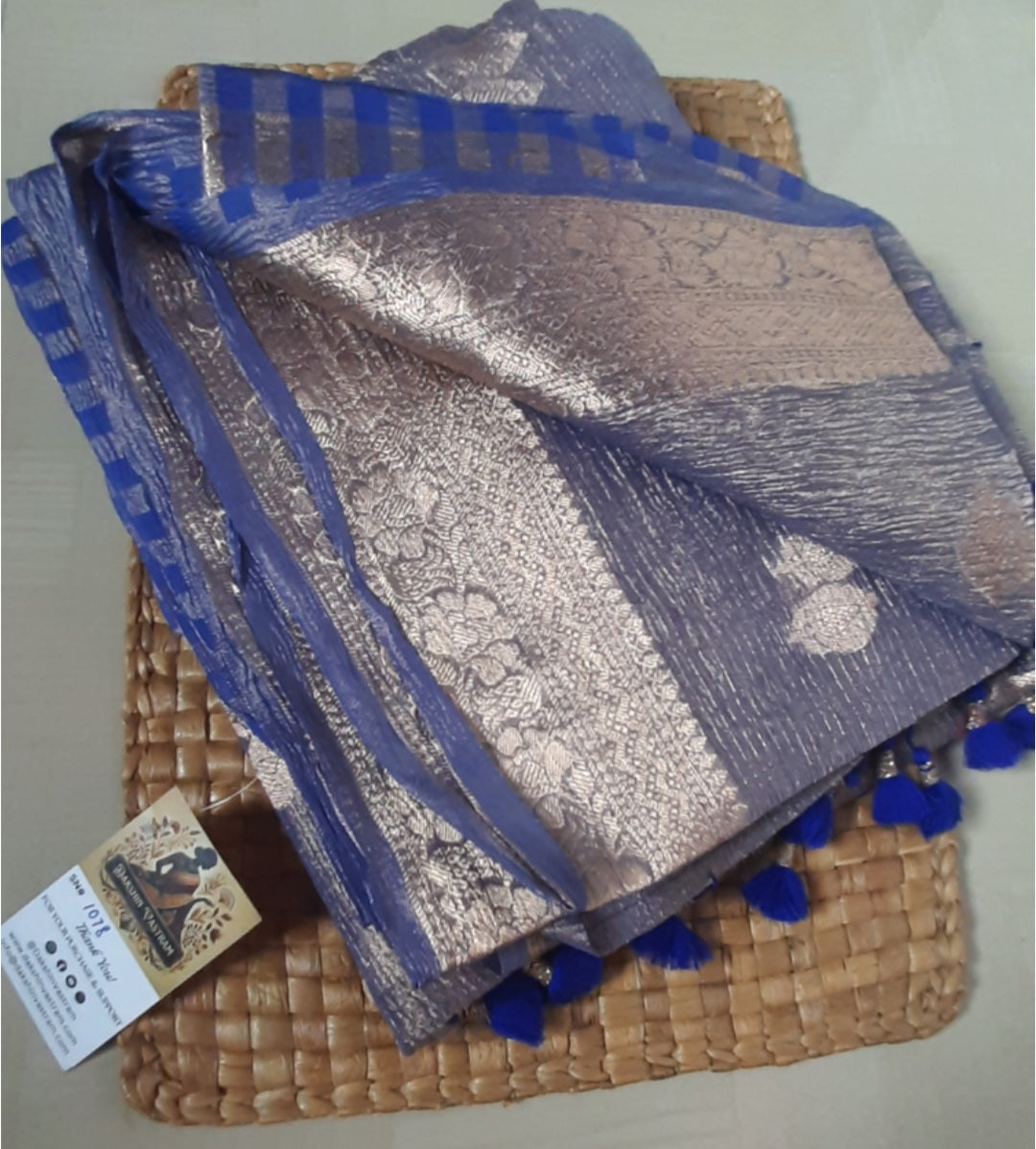 Front side view of Tissue Banarasi Saree with intricate Banarasi weave and luxurious organic silk