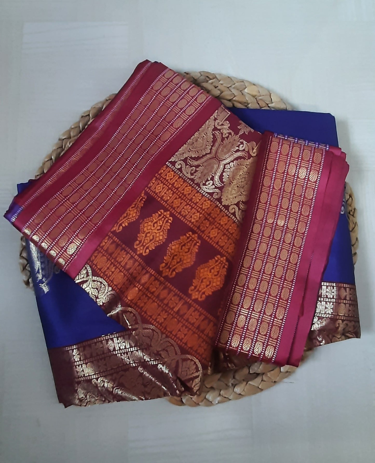 Saree side view: Side view of Soft Semi Silk Saree highlighting graceful fall and luxurious texture.