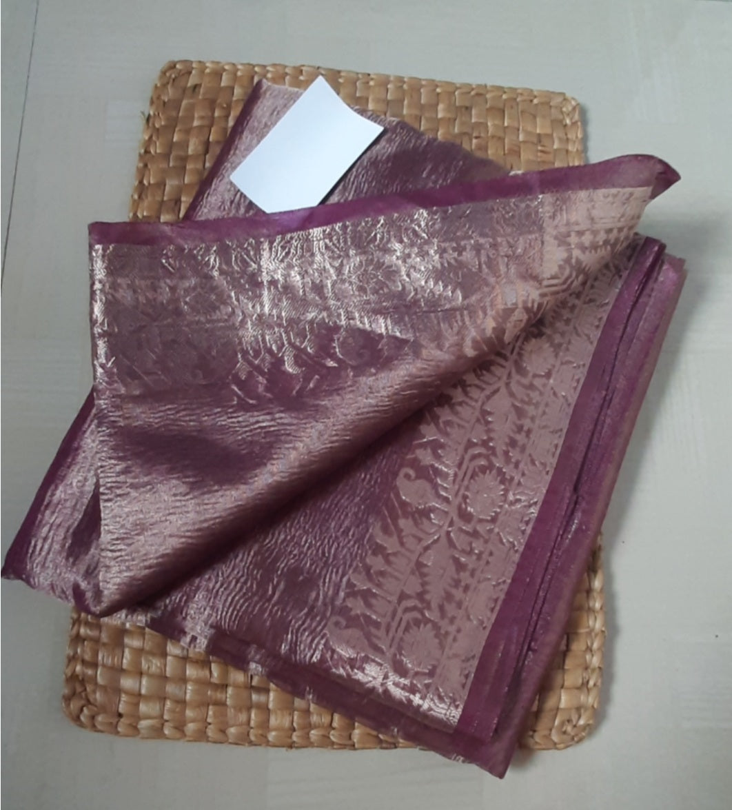 Front side view of Tissue Banarasi Saree with organic silk fabric and intricate craftsmanship