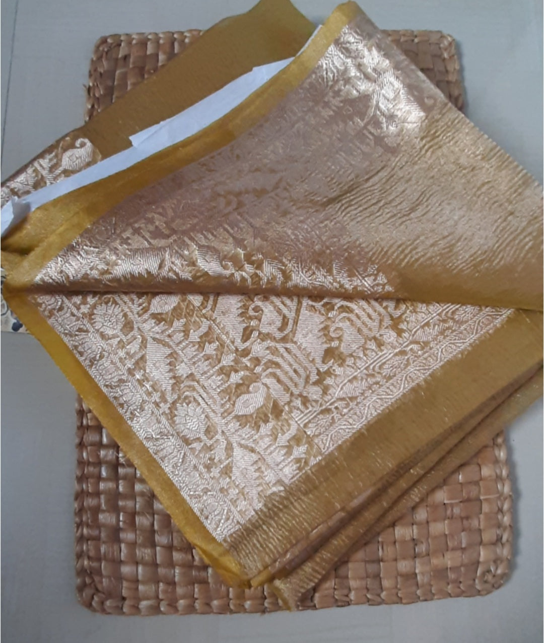 Front side view of Tissue Banarasi Saree showcasing soft, luxurious silk and intricate weaving