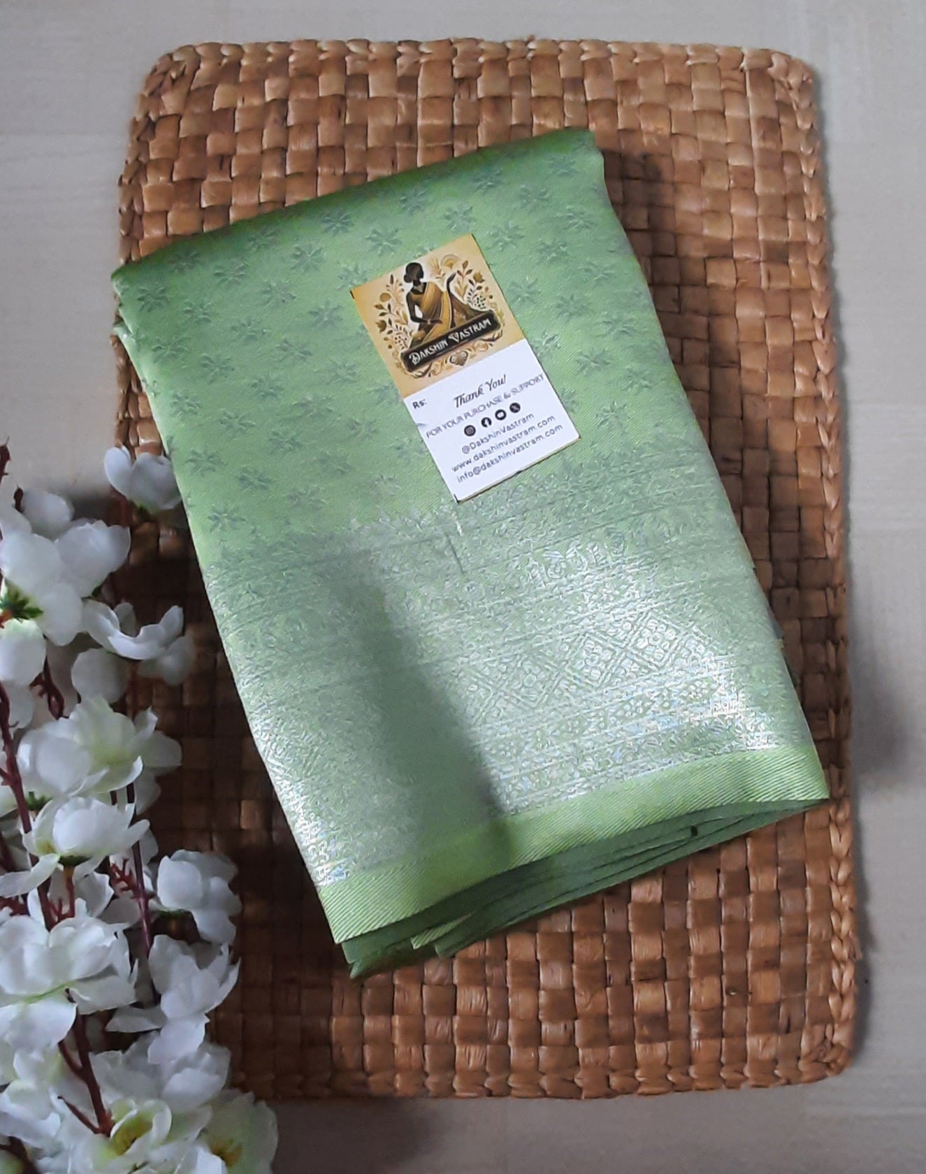 Saree Front Side: Front view of the Mow Silk Saree, showcasing its luxurious organic silk fabric and smooth texture.