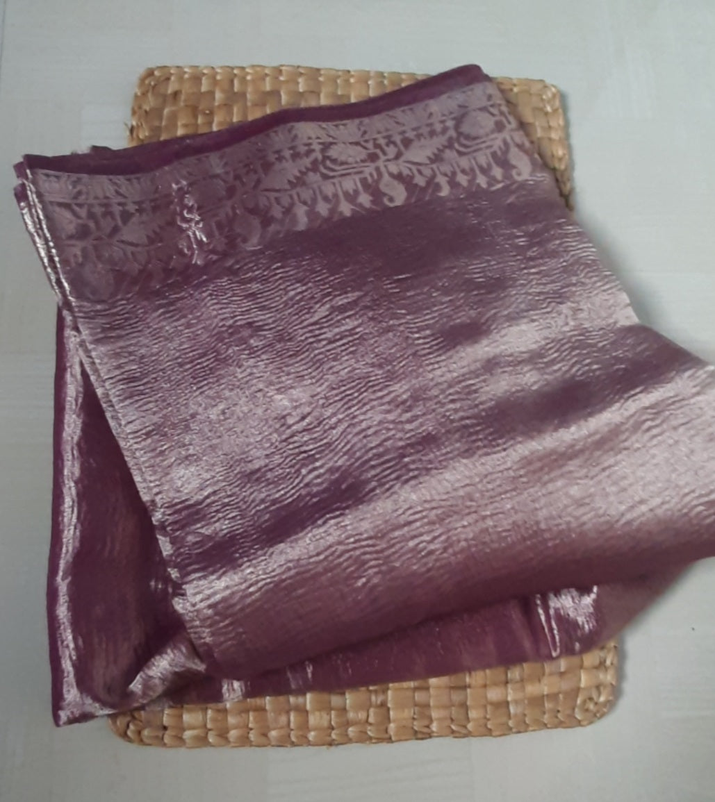 Front side view of Tissue Banarasi Saree with organic silk fabric and intricate craftsmanship