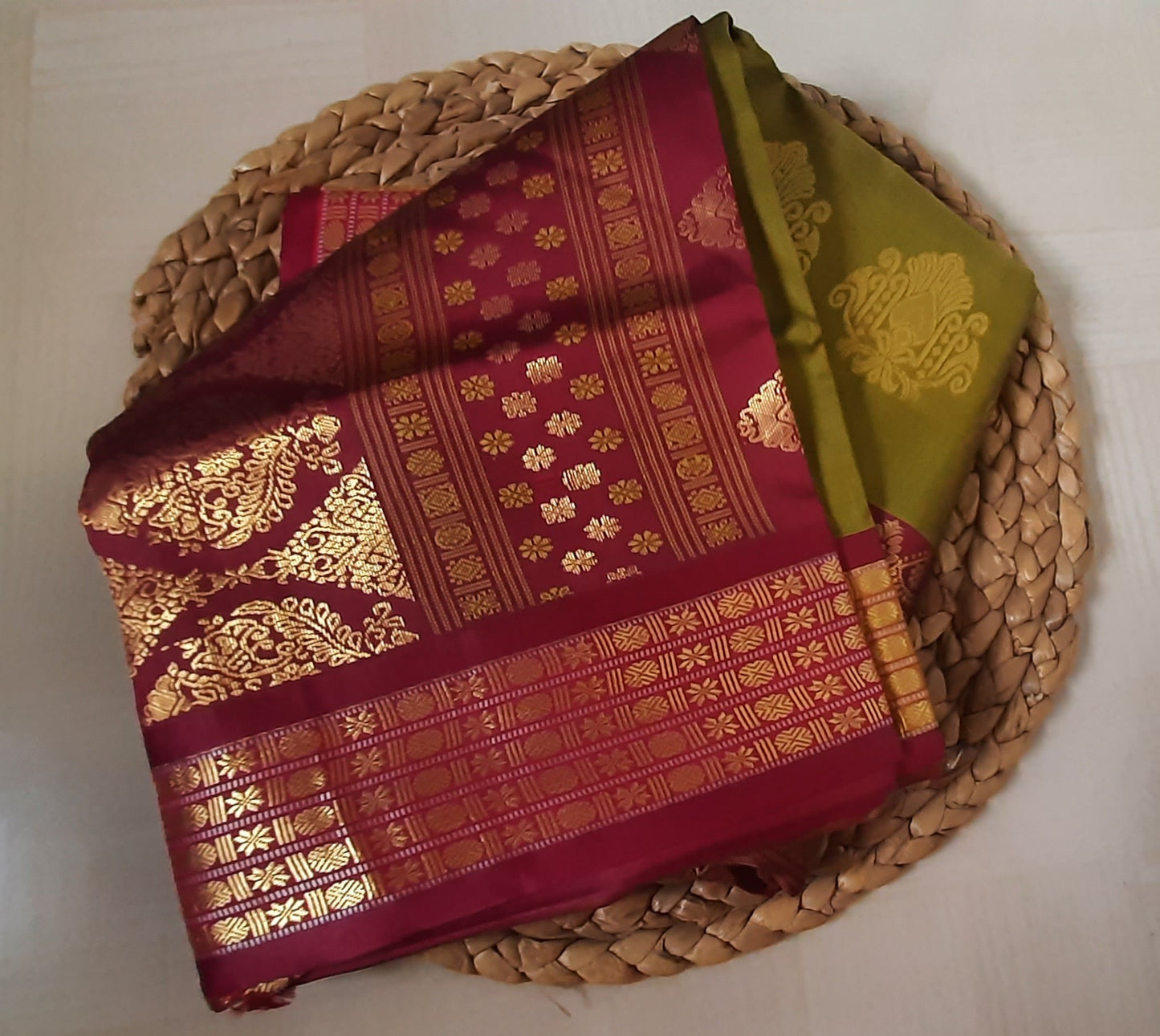 Saree side view: Side view of Soft Semi Silk Saree, highlighting its graceful fall and luxurious feel.