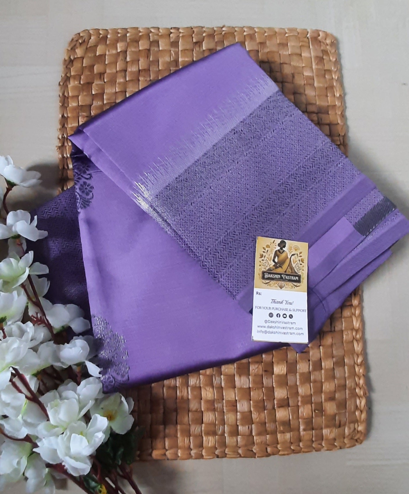 Saree Rear View: Rear view of the Mow Silk Saree emphasizing the smooth drape and refined texture.