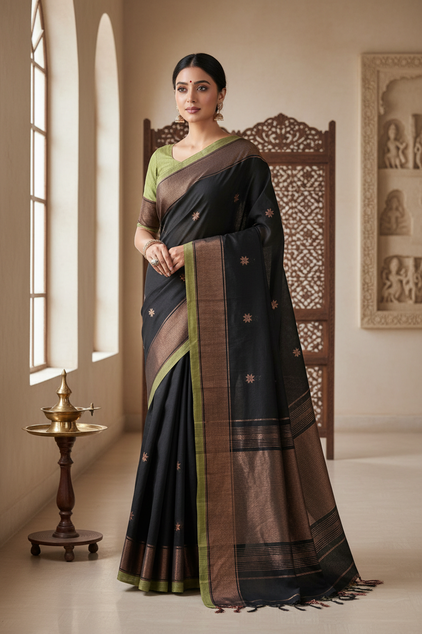 Cotton Silk Saree featuring a blend of organic cotton and silk, showcasing a subtle sheen and elegant design for any occasion.