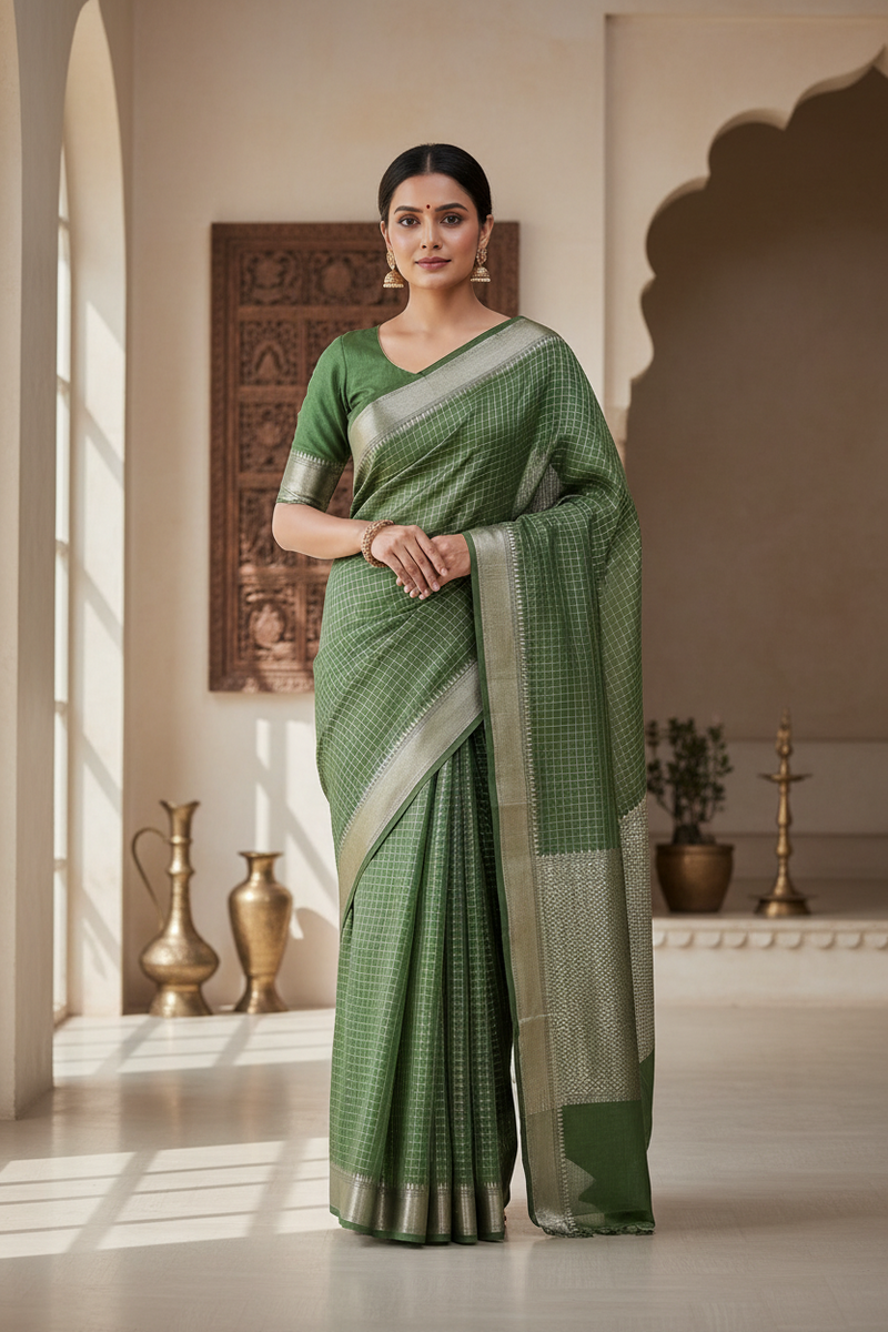 Front side view of Tussar Silk Saree with natural golden sheen and rustic texture