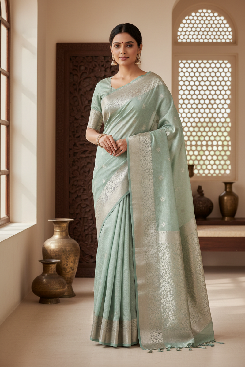 Pure Tissue Banarasi Saree showcasing luxurious texture, intricate zari work, and timeless elegance, perfect for any special occasion.