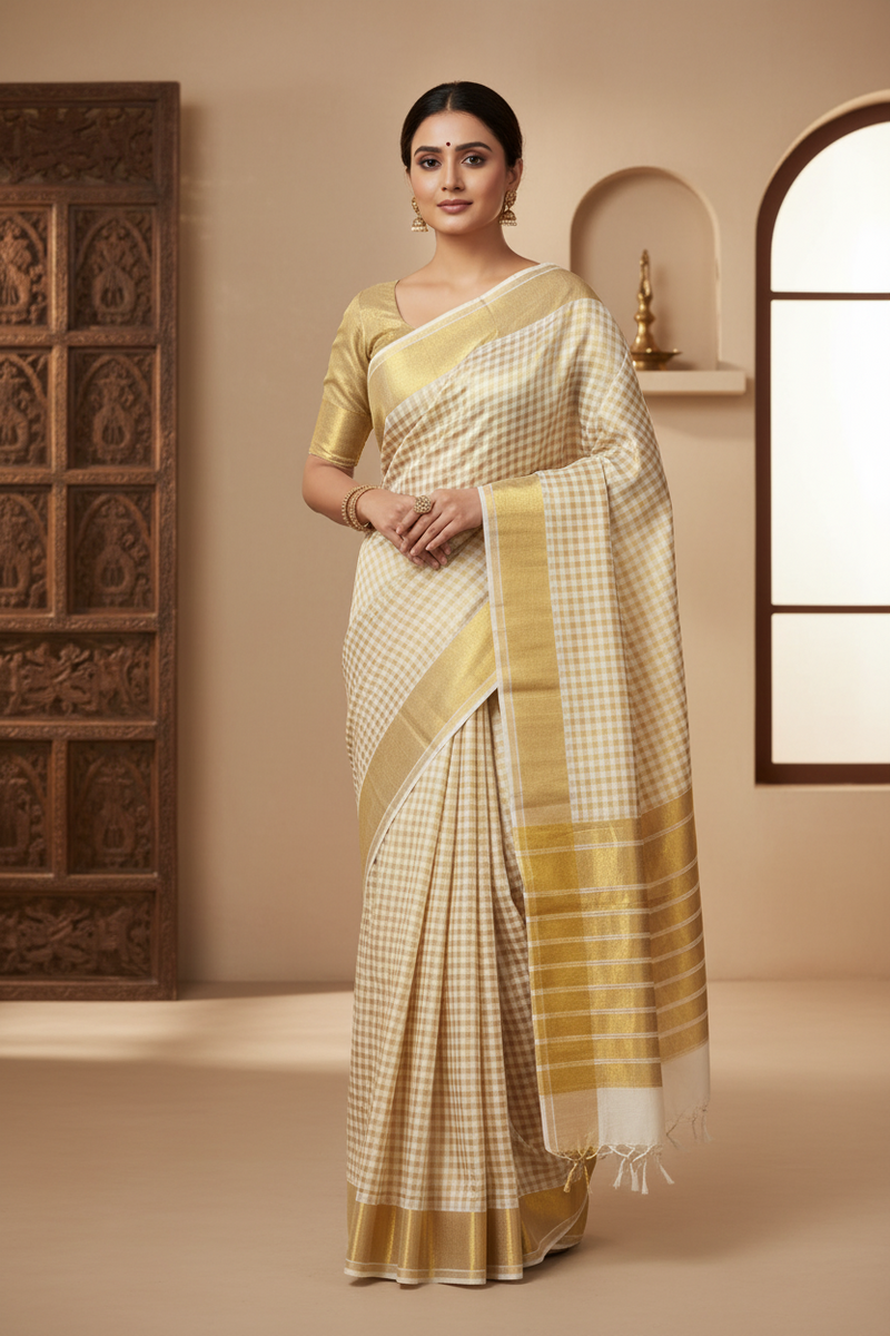 Front side view of Tissue Saree showcasing shimmering texture and fine silk fabric
