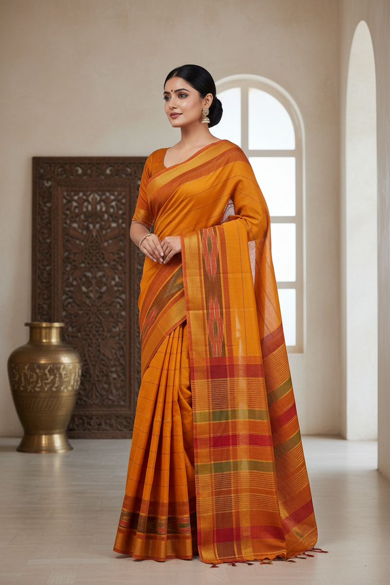 Front side view of Pochampally Saree with vibrant geometric patterns and traditional weaving