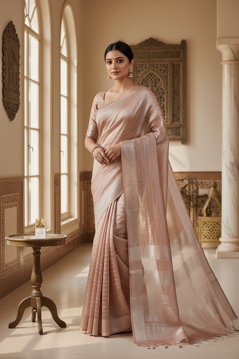 Front side view of Korat Tissue Saree with lightweight organic cotton fabric and shimmering texture