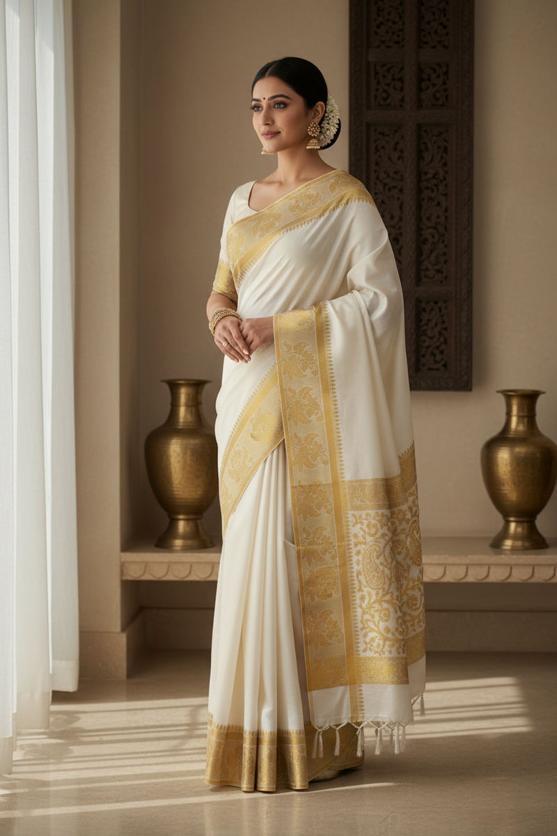 Front side view of Karasvu Saree showcasing traditional weaving and delicate detailing