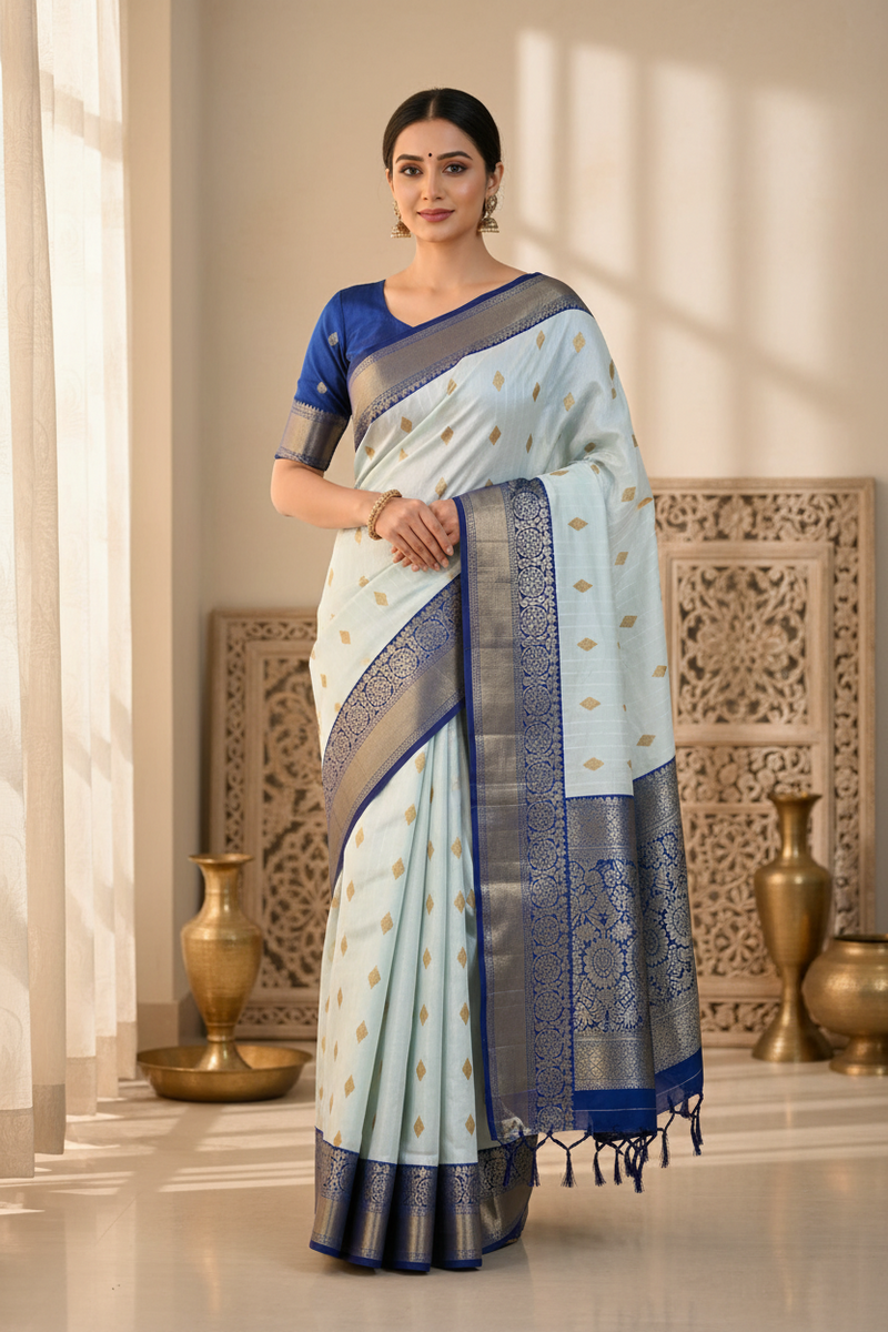 Saree front side: Front view of Soft Semi Silk Saree showcasing smooth fabric drape and luxurious finish.