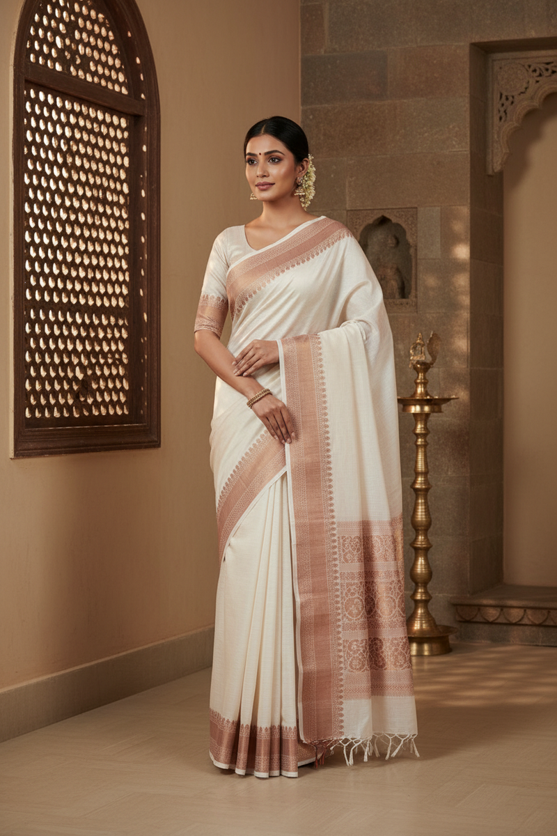 Front side view of Tussar Saree with natural golden sheen and handwoven texture