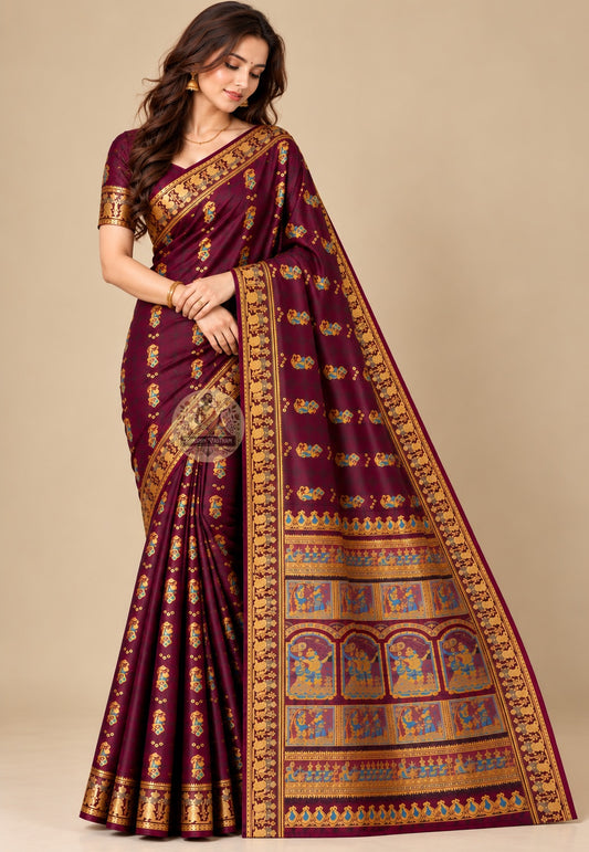 Front view of coffee Baluchari pure silk saree with Ramayana and Mahabharata narrative motifs in coloured silk thread handloom woven in Bishnupur West Bengal for Durga Puja and weddings