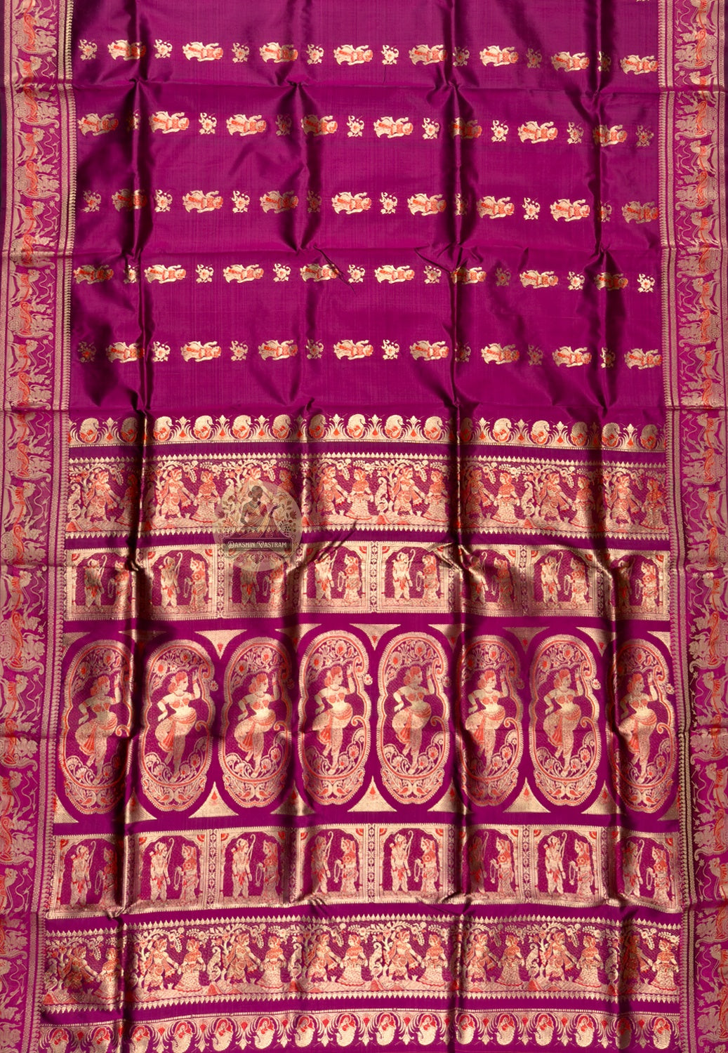 Side view of Swarnachari handloom silk saree showing golden zari border clarity and naturally luminous pure silk drape, West Bengal weave