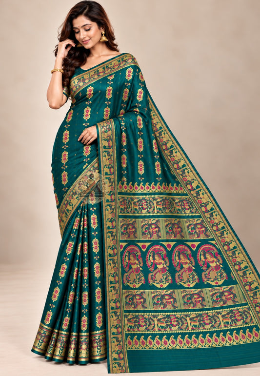 Front view of peacock-green Baluchari silk saree with red-and-pale motifs and broad figurative borders