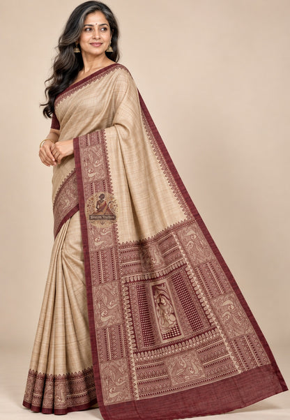 Front view of beige Ghicha Tussar silk saree with maroon borders and an ornamental pallu