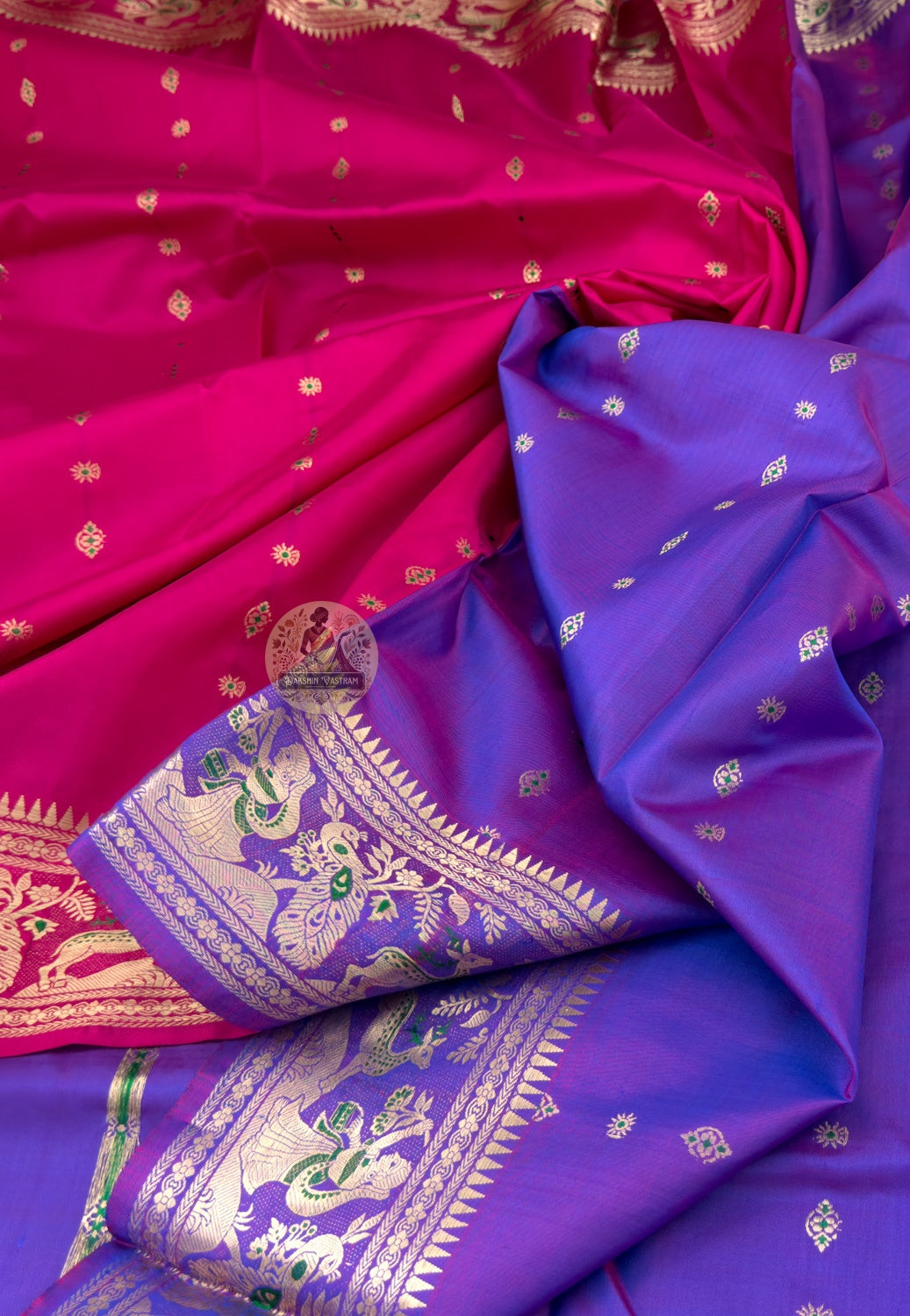 Close-up of Swarnachari handloom silk saree showing pure silk weave and golden zari threadwork texture, Bengal craft