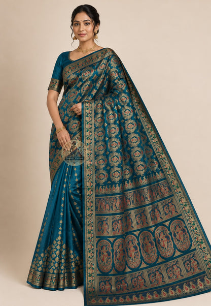 Front view of Swarnachari silk saree with golden zari mythology motifs draped in classic Nivi style