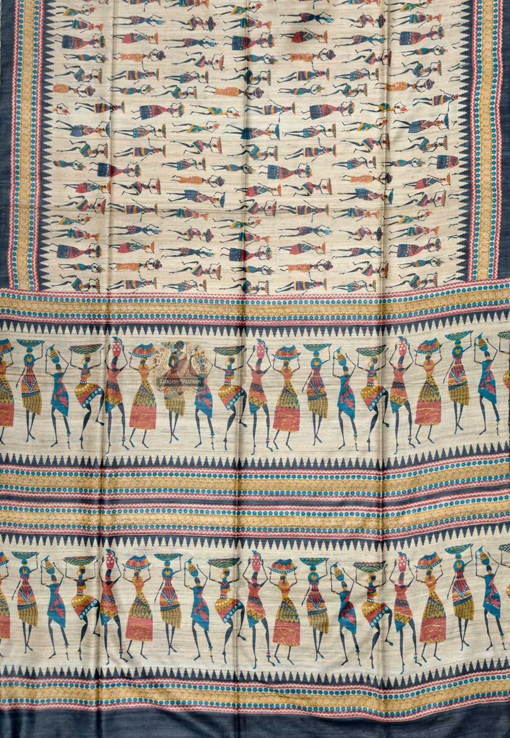 Full saree view of beige Ghicha Tussar silk saree with folk-style motifs and contrasting dark edges