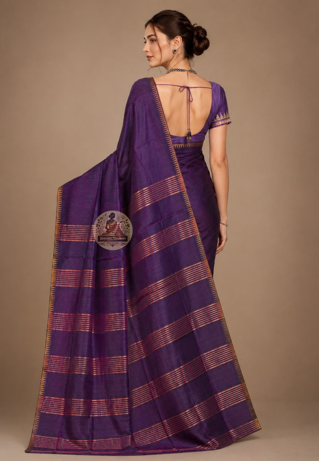 Side view of Bishnupur Pure Katan Silk Saree showing everyday elegant drape and handloom woven border