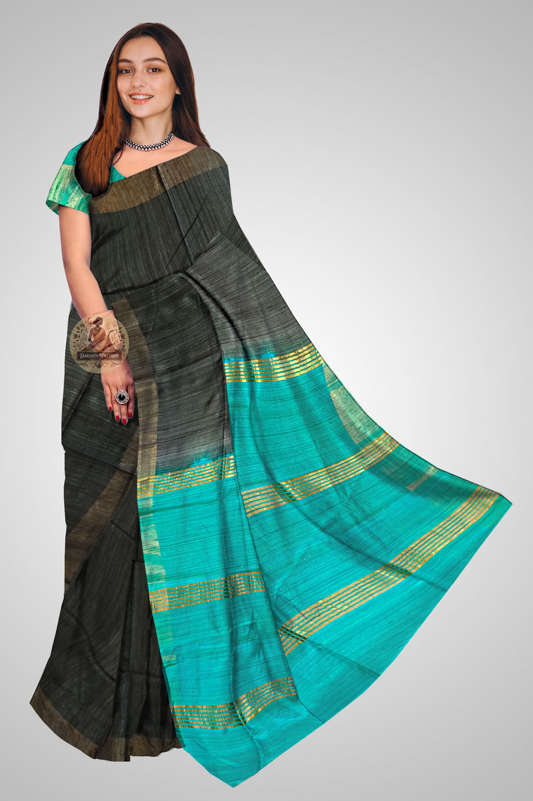 Buy Black and Turquoise Ghicha Tussar Silk Saree online – Saree front view