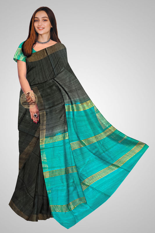 Buy Black and Turquoise Ghicha Tussar Silk Saree online – Saree front view