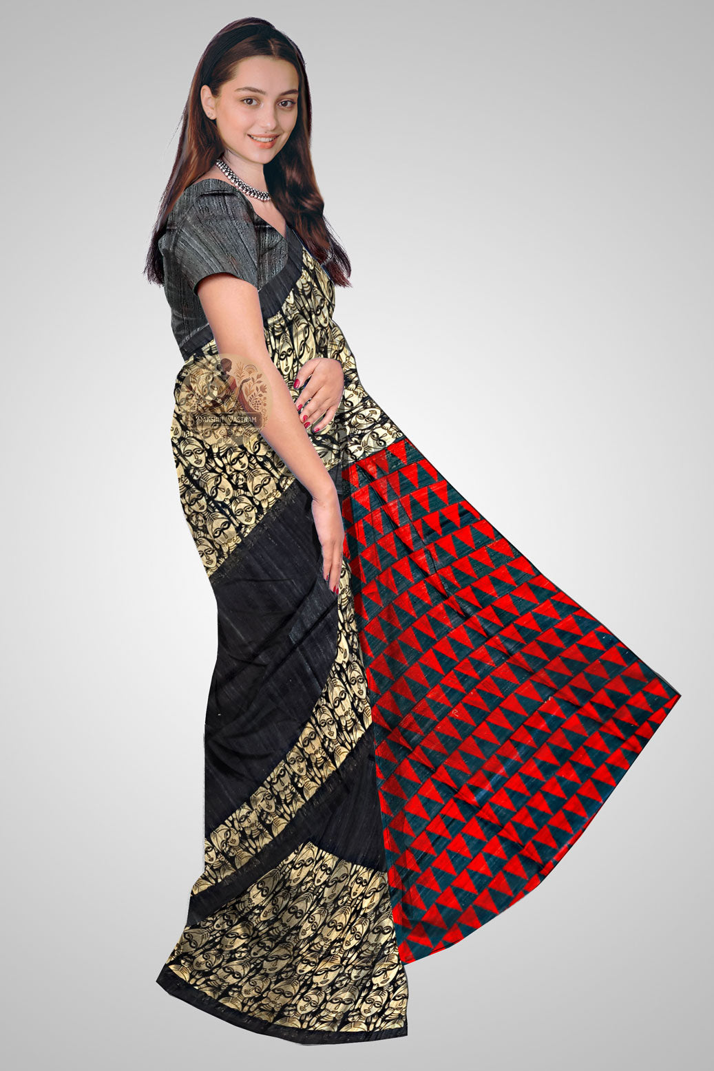 Discover Indian Tussar Saree – Side angle featuring textured drape