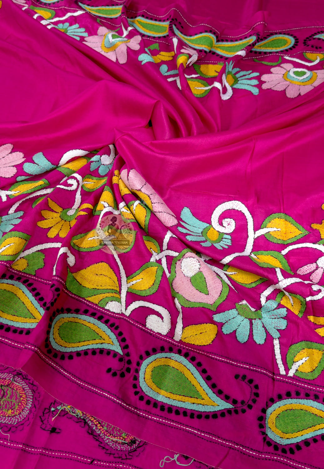 Close-up of the pallu of a Bishnupur cotton silk saree with intricate handloom motifs from West Bengal