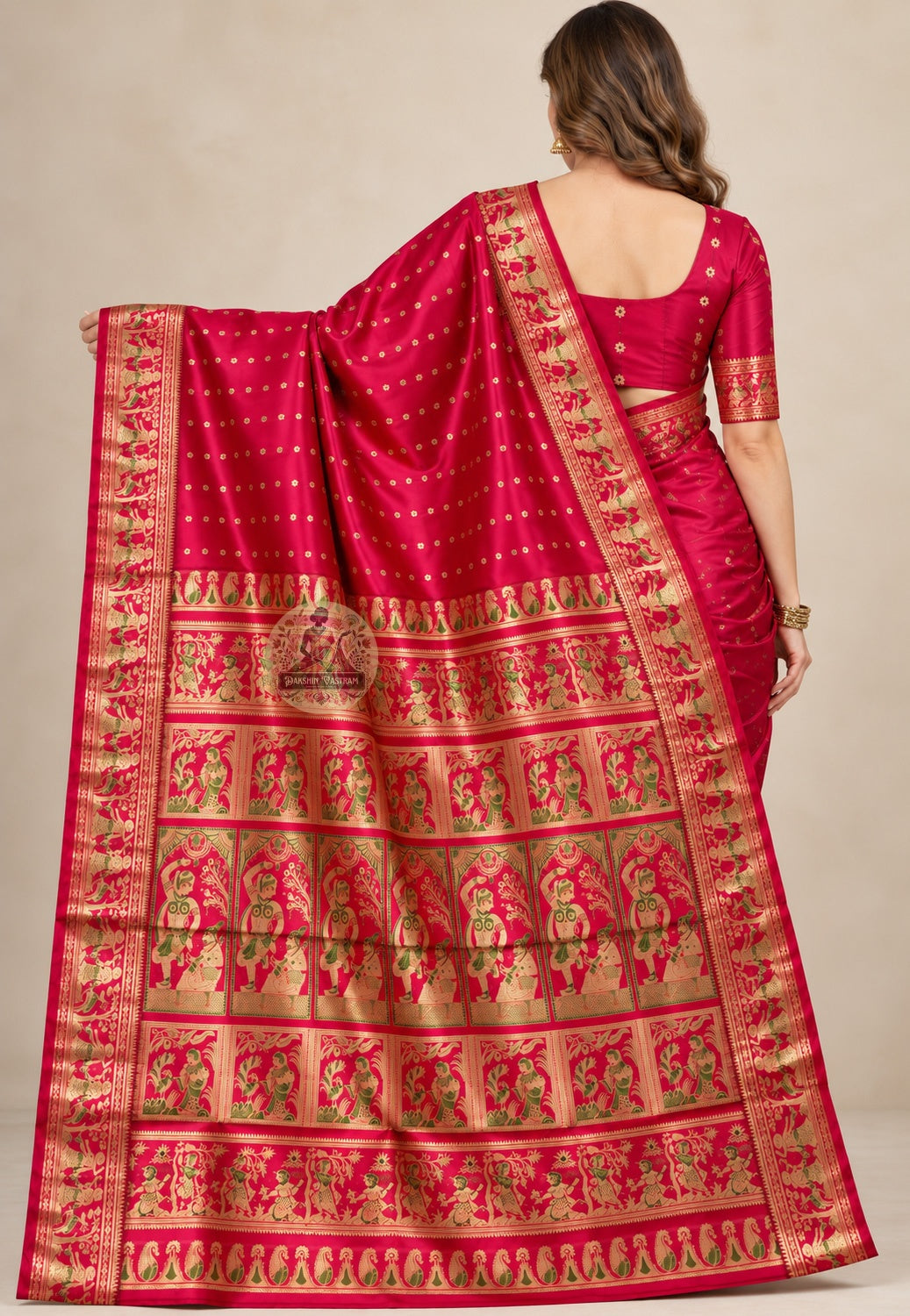 Front view of Swarnachari silk saree showing pure silk body with golden zari Malla court and Bishnupur terracotta temple motifs catching light across Durga Puja weddings and Diwali evenings