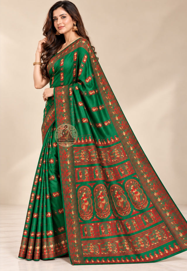 Front view of Bishnupur Baluchari pure mulberry silk saree with Ramayana and Mahabharata narrative motifs handloom woven in Bankura West Bengal for Durga Puja and weddings