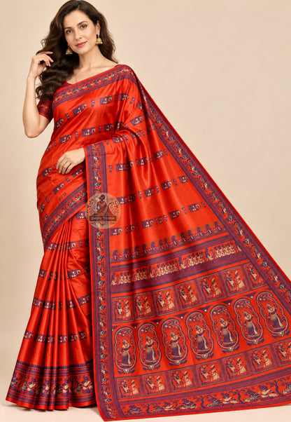 Front view of orange Baluchari silk saree with repeating motifs and dark contrasting borders