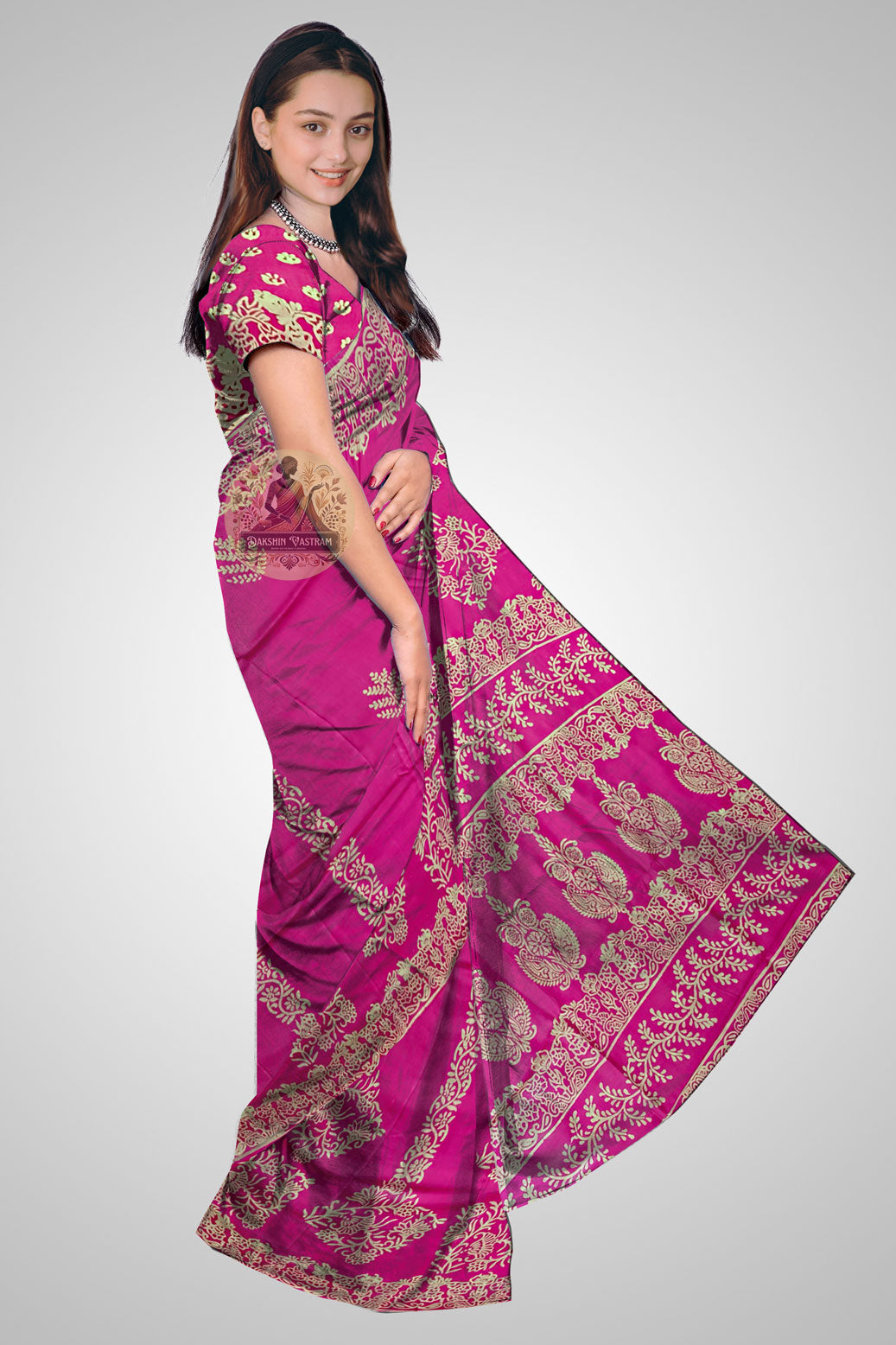 Shop Pure Silk Saree online – Side view showing block print motifs