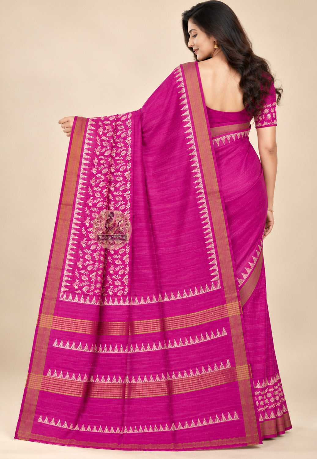 Side view of Ghicha Tussar pure silk connoisseur saree displaying organic matte luminous drape and natural earthy depth for Diwali galas and wedding receptions