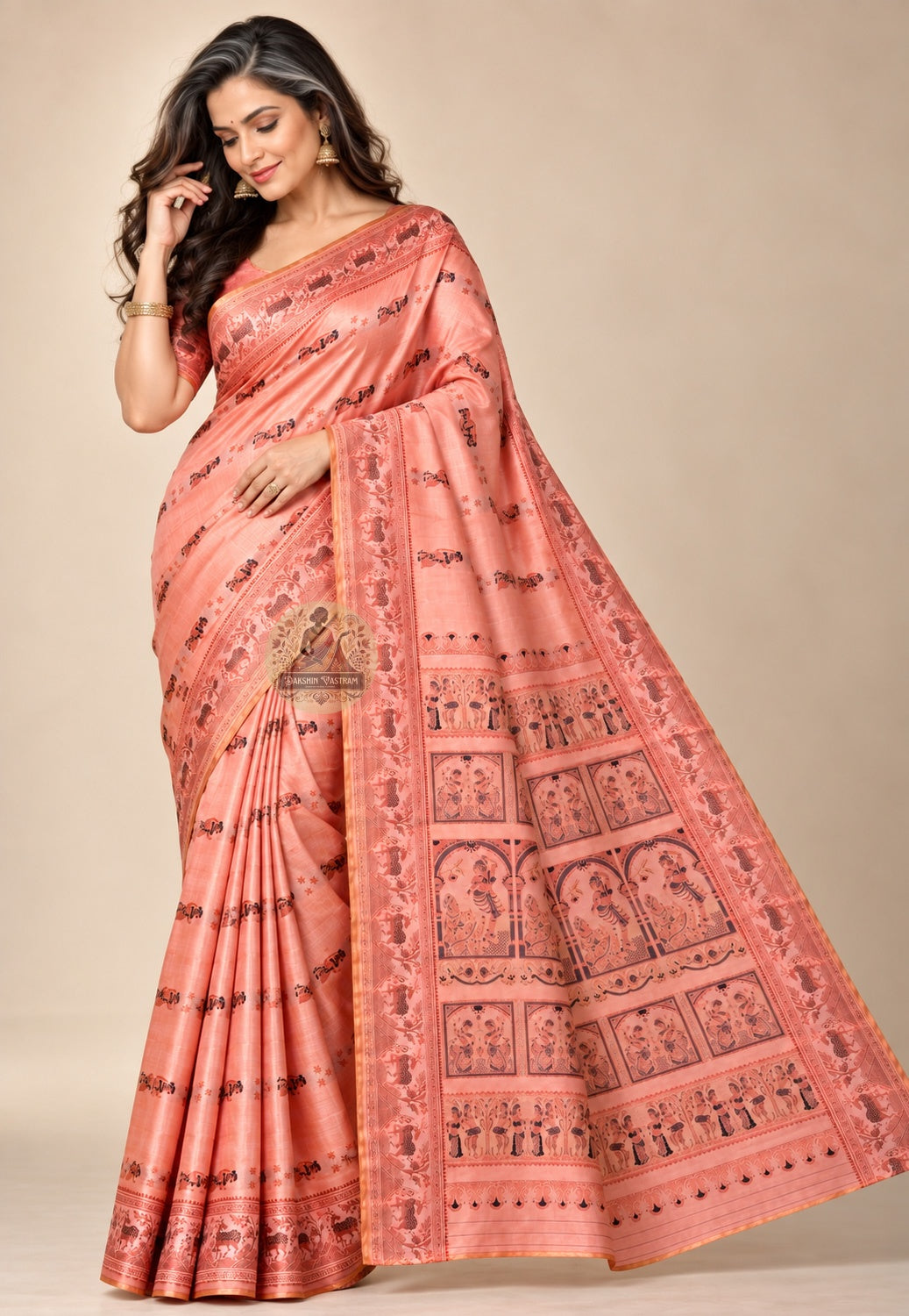 Front view of Swarnachari pure silk saree with Ramayana and Mahabharata golden zari mythology motifs handloom woven in Bishnupur West Bengal for weddings and Diwali